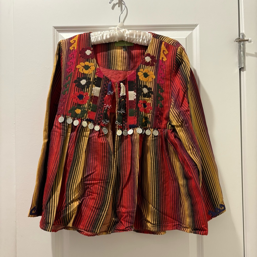 Embroidered Striped Boho Tunic Top - Red, Yellow, Black